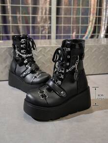 Damskie buty sportowe jesień i zima 2025 w stylu punk z grubym dnem i okrągłym noskiem, zapinane na zamek błyskawiczny z boku, czarne, brzoskwiniowe, serduszko, damskie, wysokiej jakości, lekkie, antypoślizgowe, miękkie i wygodne, podwyższone buty robocze, damskie, poliuretanowe, zintegrowane, smukłe, podwyższone buty, Halloween, studentki muszą podwyższyć smukłe, uniwersalne buty do uprawiania sportów na świeżym powietrzu, buty zimowe, czarne buty na obcasie, czarne buty na obcasie dla kobiet, brązowe buty świąteczne - Czarne - Zobacz 6