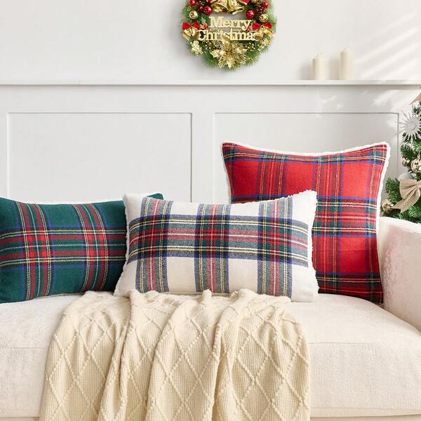 1 pieza Funda de cojín de mezcla de lana a cuadros rojos (SIN RELLENO), edición navideña para invierno, tela de lana suave tradicional, funda de cojín a cuadros clásica, adecuada para decoración de invierno, Navidad, sala de estar, dormitorio, cama, sofá