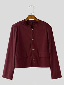 INCERUN Mens Stand Collar Buttons Long Sleeve Jacket Coat Corduroy Long Pants Zipper Bottoms Trousers Fall Casual 2PCS Sets Outfits - 酒紅 - 查看 6