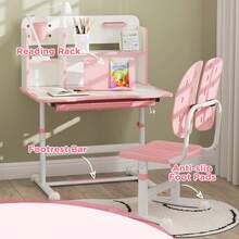AIYAPLAY Kids Desk And Chair Set, Height Adjustable Children School Study Desk, Student Writing Desk With Tiltable Desktop Drawer, Pen Slot, Reading Rack For Ages 3-13 Years, Pink - Berwarna merah muda - View 7