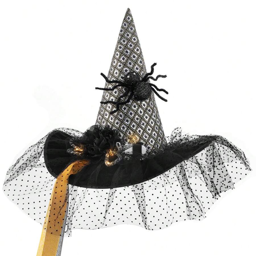 Witch Hat For Women Costume, Witch Hats With Lights Halloween Adult And Teens Women's Large Witches Hat Costume Accessories For Party Cosplay Sorcerer Cap For Festival Party Masquerade For Halloween Party Decorations - 黑色(黑橙飄帶) - 查看 1