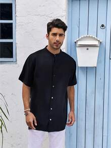 Men's Short Sleeve Shirt Priest Collar Slim Casual Elegant Summer Beach - màu đen - Xem 2