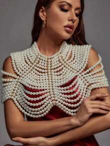 1 chiếc khăn choàng toàn thân đính ngọc trai thủ công, kiểu dáng cá nhân hóa, phóng đại thời trang dành cho nữ - Màu be - Xem 3