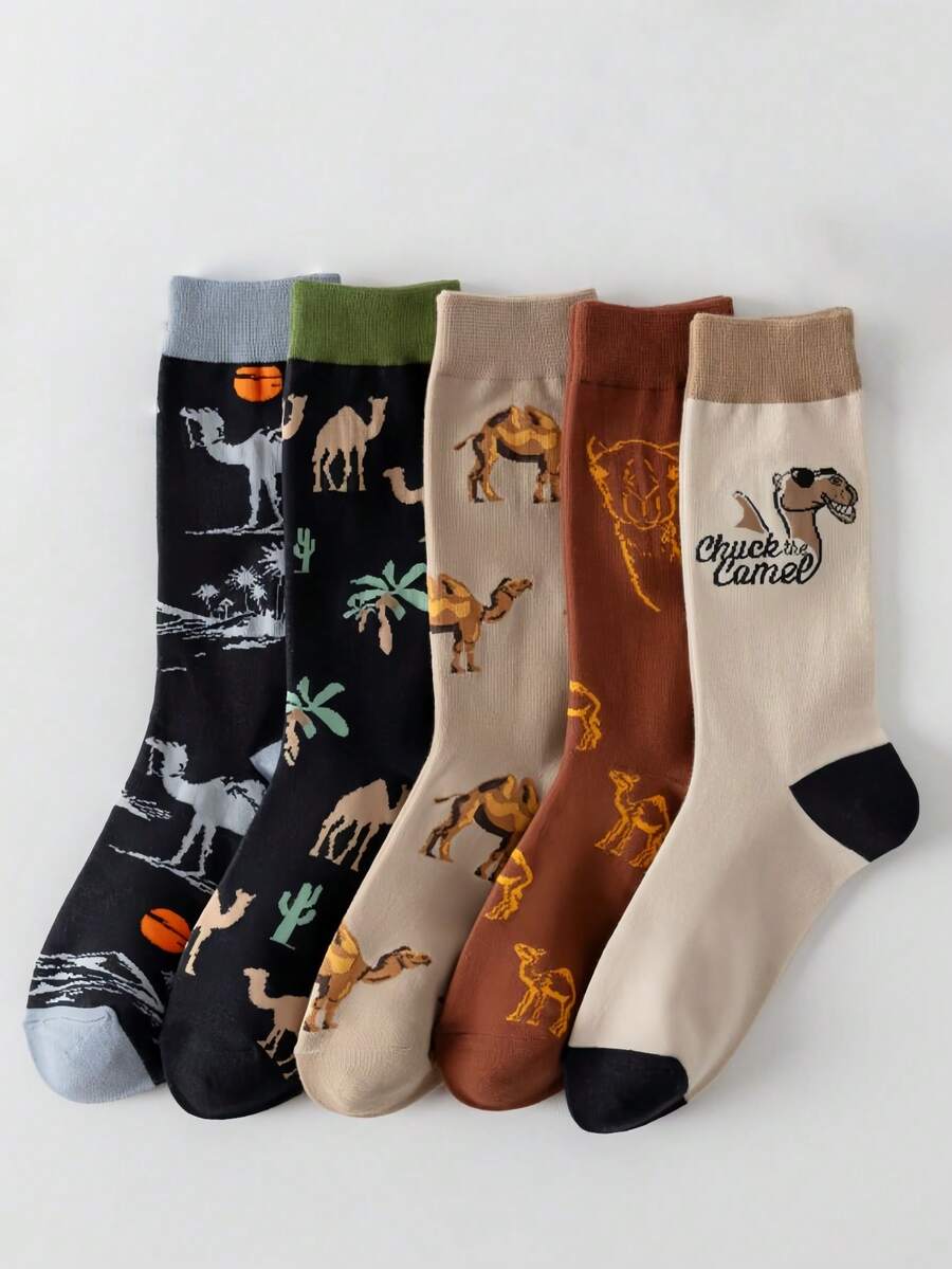 5 Paar modische Kamel-Muster Outdoor Sport Knöchelsocken für Frauen, weich, bequem, einzigartiges Design mit elastischer Passform