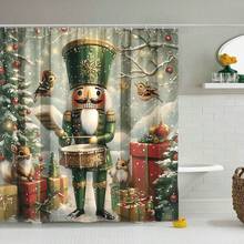 Festive Nutcracker Squirrel Christmas Shower Curtain: Includes 1PC, 12 Hooks, And Washable Polyester Shower Curtain For Winter Holiday Decor ﻿ Bathroom Decor
