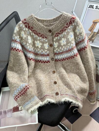 JIANHU 女士费尔岛针织开衫 - 复古北欧图案开衫，假日冬季