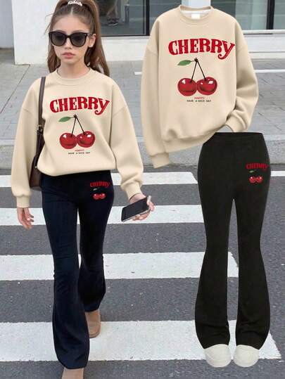 2pcs Set Teen Girls Sweet Cherry Print Sweatshirt Set, Soft & Comfortable, Spring & Autumn Daily Casual Wear