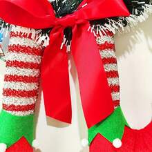 1pc Christmas Elf Leg Wreath With Red Bow - Artificial Holiday Door Hanger Decor, No Feathers, Wooden Material, Hanging Style, No Power Required