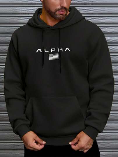 Men's Hooded Sweatshirt, Street Fashion Top, ALPHA Letter National Flag Print Pullover, Pocket, Fashionable Casual Regular Loose Drawstring Pocket Hoodie, Suitable For Daily, Vacation, Outdoor Wear, Autumn/Winter