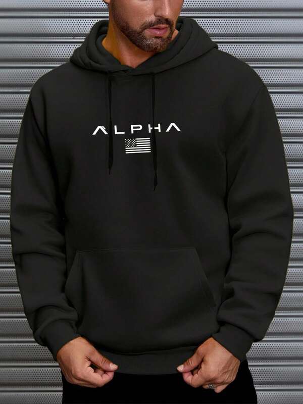 Men's Hooded Sweatshirt, Street Fashion Clothing, ALPHA Letter National Flag Print Pullover, Pocket, Fashionable Casual Regular Loose Drawstring Pocket Hoodie, Suitable For Daily, Vacation, Outdoor Wear, Autumn/Winter Men's Wear