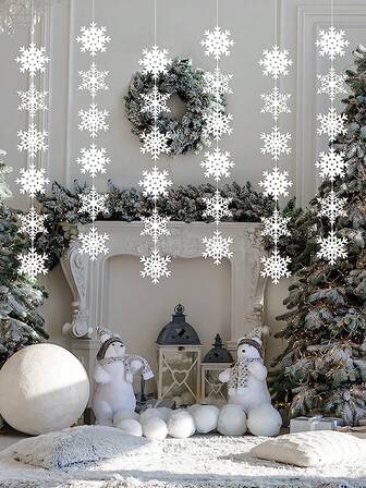 雪花串挂饰，雪花花环冬季派对仙境生日装饰 - 圣诞雪花彩带串挂饰，白色圣诞雪花装饰雪花花环挂饰