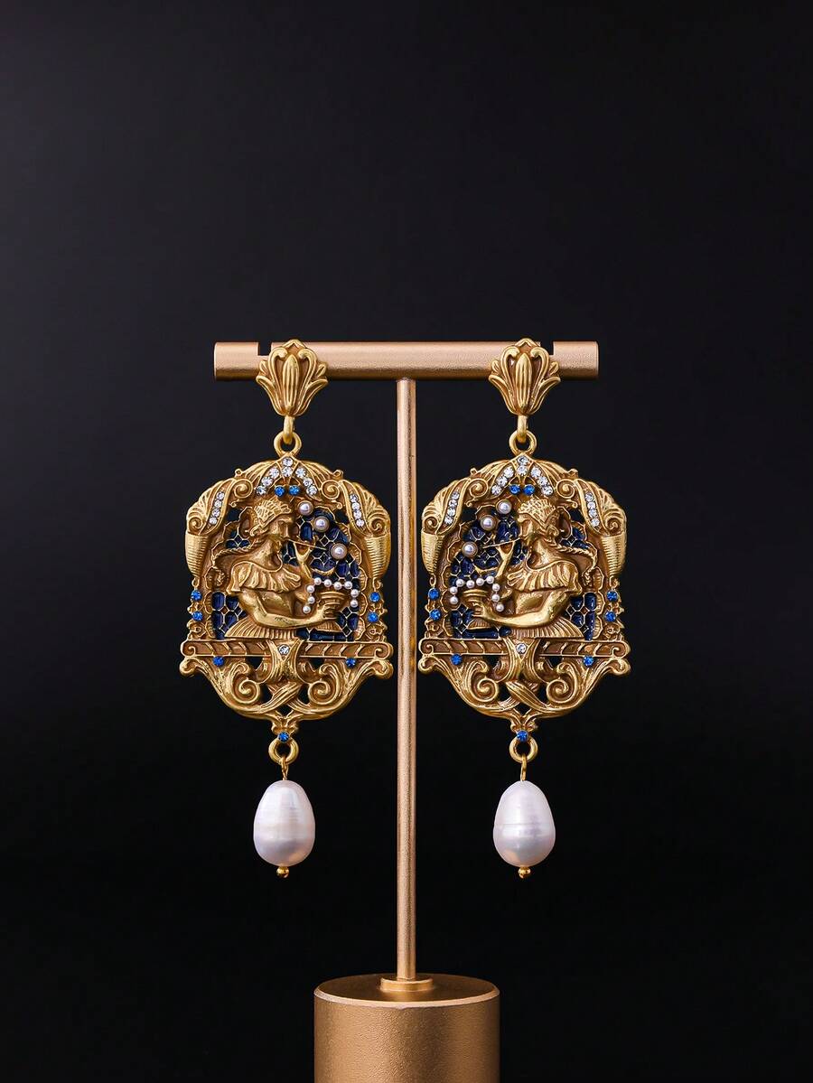 2 件复古优雅珍珠吊坠耳环 | 3D 肖像耳环，适合女性日常和晚间佩戴 - 金色 - 查看 1