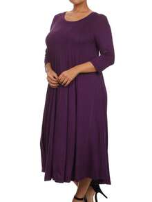 Plus Size Casual 3/4 Sleeves Basic A-Line Pleated Solid Midi Dress  Wedding - Purple - View 2
