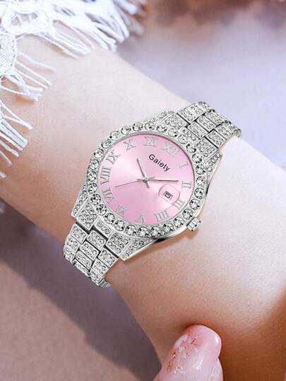 Gaiety1Pc Zilver Strap able, Elegant, Verlichting Luxe Water Diamond Roman Scale Calendar Large Dial Quartz Horloge Wear Or Holiday view 3