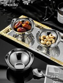 choxila 1pc Stainless Steel Dessert Bowl, Snack Bowl, Fruit Salad Bowl, Oatmeal Bowl, Serving Tray, Serving Platter, Lightweight Luxury Petal-Shaped Fruit Plate, For Use In The Living Room, Bedroom, Office, Family Gatherings, Afternoon Tea