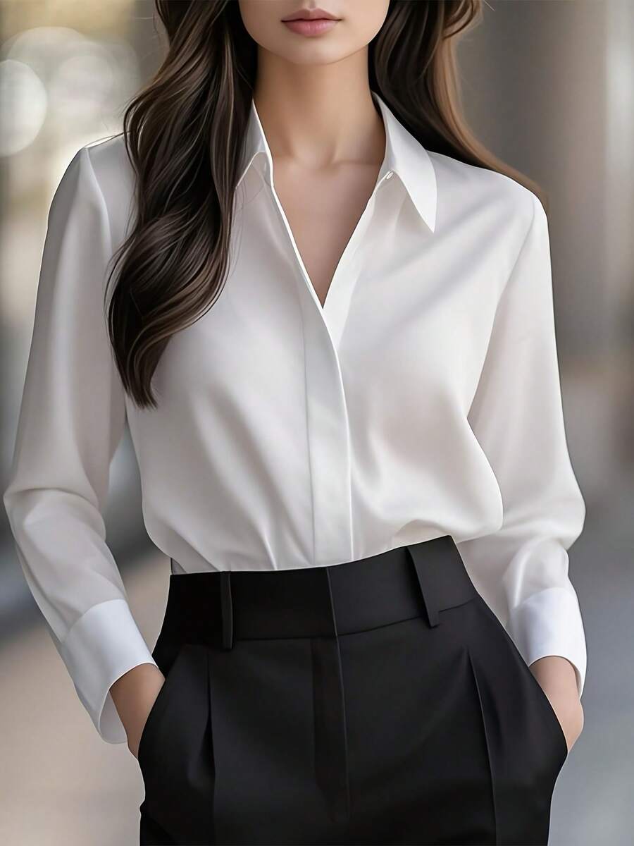 女士优雅纯色长袖衬衫 - 经典领不透光上衣，优质面料，适合春、夏、秋季穿着，休闲和职业场合皆宜，可机洗/干洗，流线型设计，质感细腻，白色 - 白色 - 查看 1