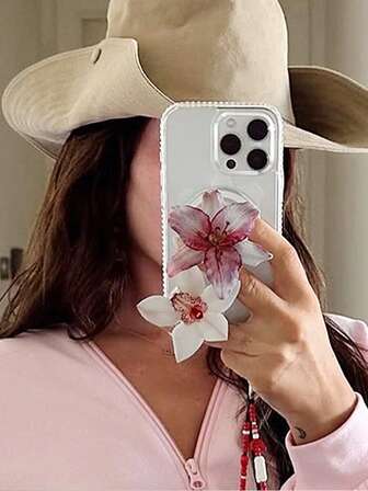 1 pieza Soporte de teléfono de acrílico y resina con flor de orquídea rosa estilo INS, soporte de teléfono plegable y portátil con cojín de aire compatible con iPhone y teléfonos Android, regalo para cumpleaños, familia y amigos con agarre de teléfono de empuje y tracción, accesorios de teléfono