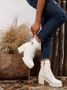 欧美简约时尚秋冬新款西部高跟短靴金属腰带水钻扣装饰粗跟厚底靴子靴子 - 白色 - 查看 4