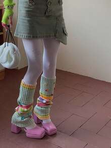 1pair Colorful Millennial Hot Girl Striped -Contrast Color Ins Style Pile Knitted Yarn Leg Cover-Pay Attention To The Random Color Position Of Color Buttons, Cozy