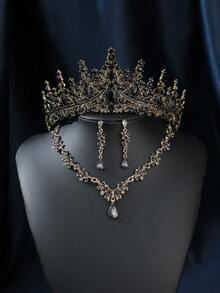 4件套皇冠头饰套装，优雅迷人的水晶女王皇冠项链耳环新娘婚礼配饰情人节配饰 - 銀色 - 查看 5