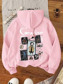 Plus Size Cartoon Print Long Sleeve Dropped Shoulder Casual Sweatshirt With Pocket - Pink - View 1