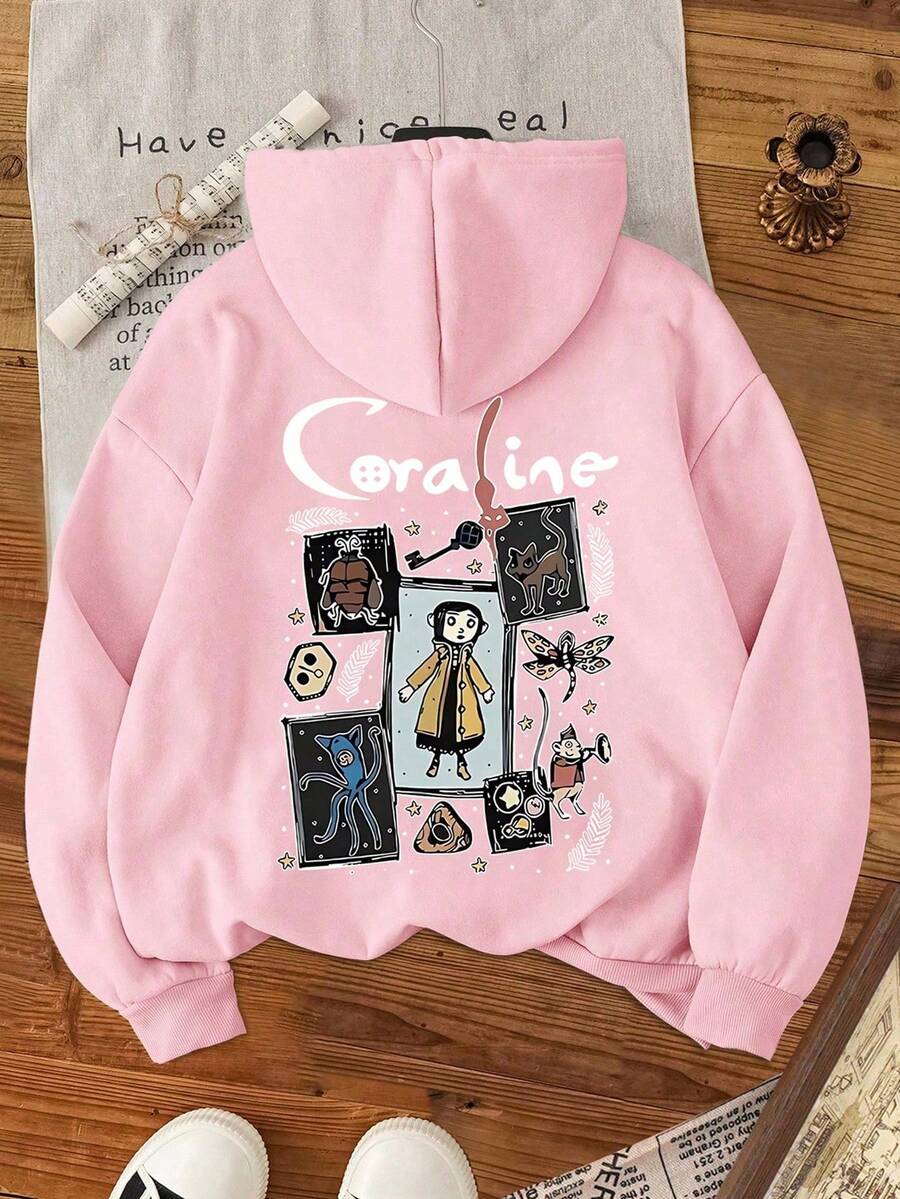 Plus Size Cartoon Print Long Sleeve Dropped Shoulder Casual Sweatshirt With Pocket - Pink - View 1