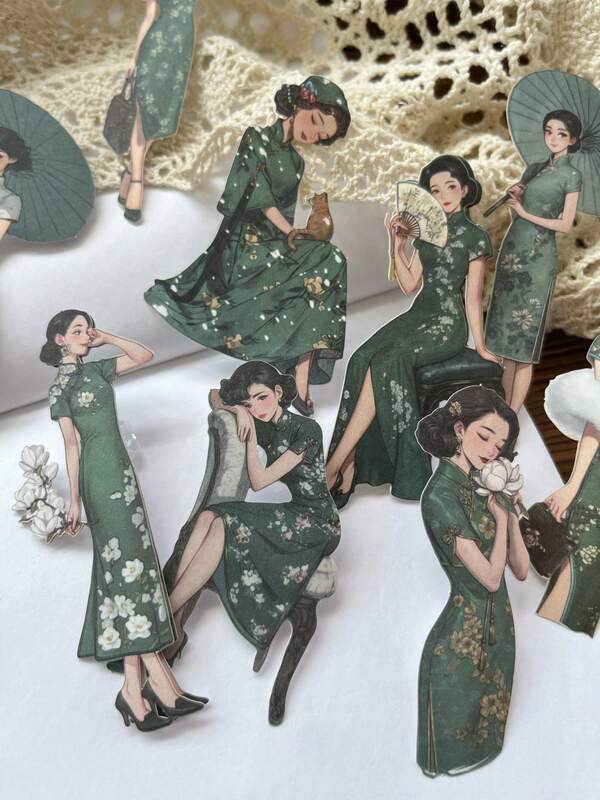 20 pezzi/confezione Adesivi vintage stile cinese con ragazza in cheongsam, elementi cinesi, per diario, scrapbooking, decorazione fai-da-te, confezione di adesivi collage