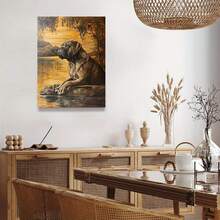 2D Flat, 1pc Naples Mastiff Canvas Wall Art Wood Framed  Lakeside Sunset Painting, Realistic Dog Portrait With Golden Hues, Textured Canvas Art For Living Room Decor, I For Art Lovers & Interior Design Enthusiasts, Decor Aesthetic, Detailed Brushwork