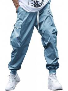 Men's Casual Cargo Pants Elastic Waist Drawstring Tapered Pants Athletic Techwear Joggers Pants With Flap Pockets-20256688 - Màu Xám nhạt - Xem 6