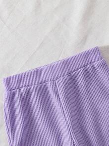 2-częściowy dziewczęcy, swobodny top z materiału waflowego z kołnierzykiem w kwiaty, z długim rękawem i jednokolorowymi spodniami dzwonami, wiosna/jesień