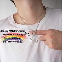 1Pc Unisex Hip Hop XO Letter Necklace - CZ Accented Exaggerated, Women/Men Statement, Daily/Party Wear, Street Style Gift - XO Bạc - Xem 3