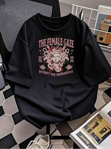 Camiseta gráfica "Female Gaze" para mujer, con estampado de serpientes Medusa, top feminista, cuello redondo holgado, estilo casual, disponible en varios colores. - Negro - Ver 2