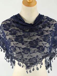 Lenço feminino de renda floral rosa vazada com franjas, em cor sólida, ideal para véu de noiva ou xale de casamento. - Multicolorido - Ver 27
