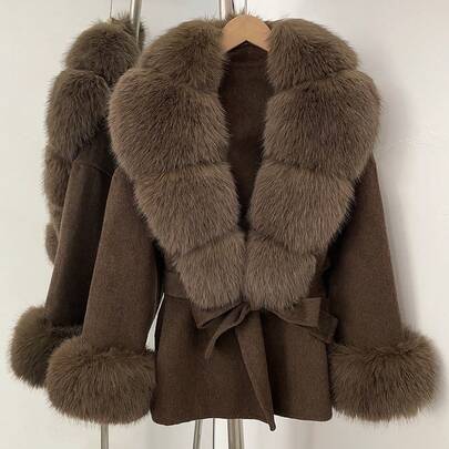 OFTBUY Solid Color Faux Fur Collar Belted Woolen Coat, Casual Street Style For Autumn/Winter