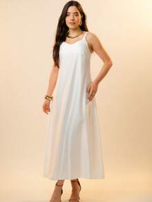 Italian Style Boat Neck Sleeveless Fitted Dress For Women - White - View 3