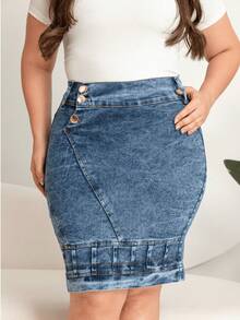 Saia Jeans Evangélica Com Detalhe Botões Lateral