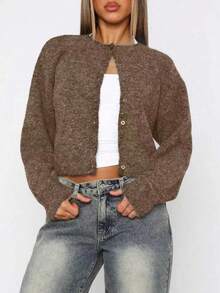Chaqueta de punto tipo cárdigan de cuello redondo minimalista de un solo botonadura y color liso, nueva colección de otoño - Marrón - Ver 6