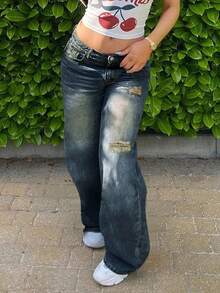 Quần jeans nữ dáng suông, cạp thấp, rộng rãi, phong cách thường ngày, bạc màu, hơi rách, thích hợp cho mùa xuân. - Màu xanh hải quân - Xem 3