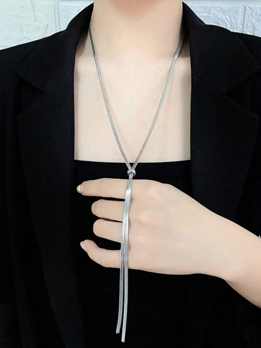 1pc Stainless Steel Necklace For Women, Luxury Versatile Extra Long Snake Chain, Adjustable Minimalist Design Sweater Chain - Silver - View 1