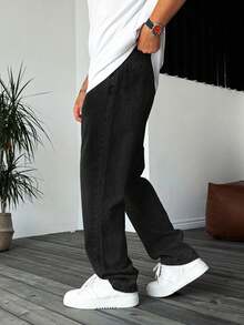 宽松无弹力直筒棉质牛仔裤，休闲水洗宽松牛仔裤，情侣款直筒宽松水洗牛仔裤，Y2K风格休闲裤，带纽扣和拉链，适合所有季节 - 黑色 - 查看 3