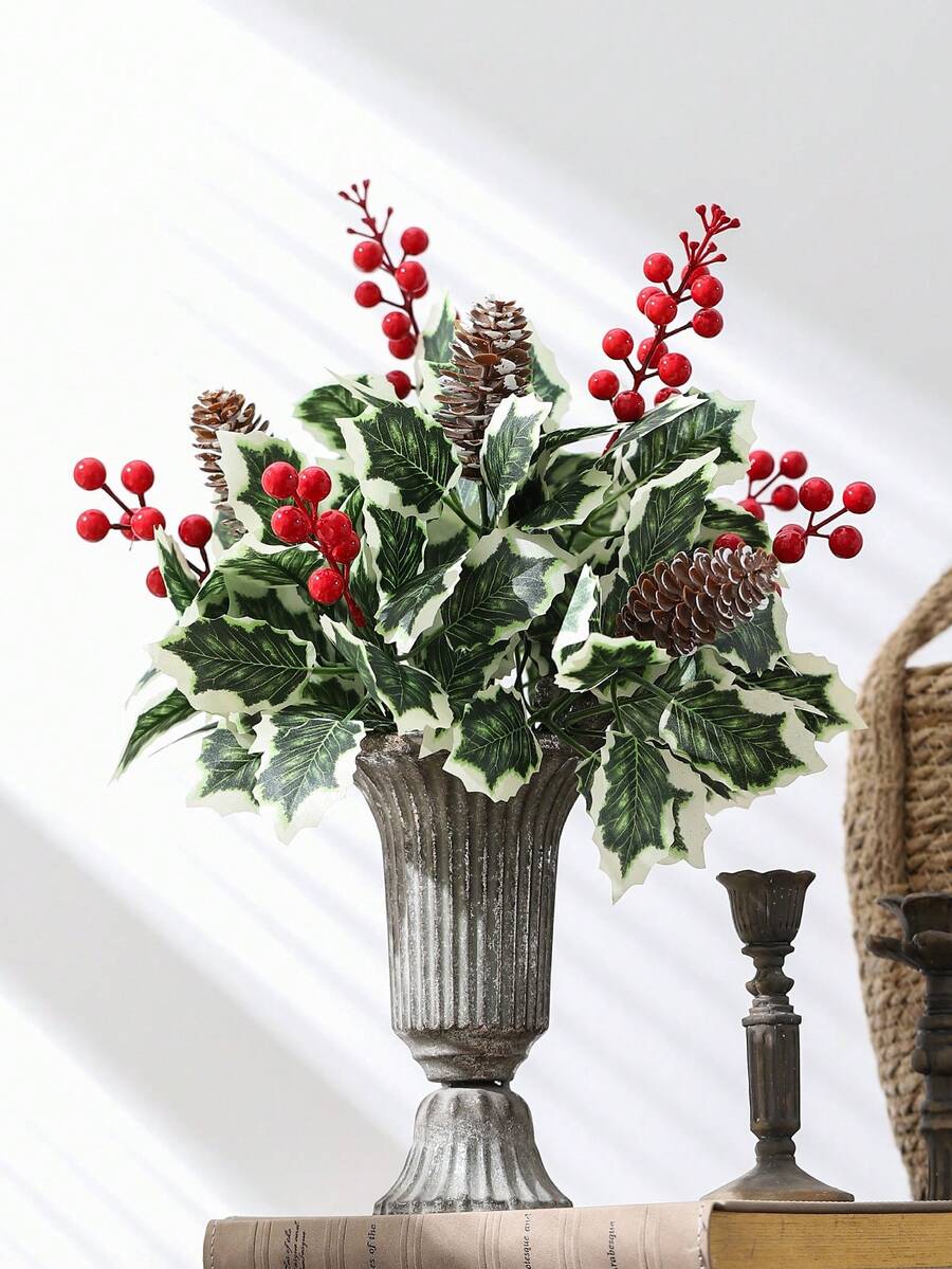 3 Stücke künstliche Weihnachts-Faux-Pflanzen, beinhaltet Stechpalmenbeeren, Tannenzapfen, grüne Blätter, Fake Weihnachtsbaum Zweige, Blumenstiele, geeignet für Blumenvasen, Weihnachts-Feiertags-Dekoration