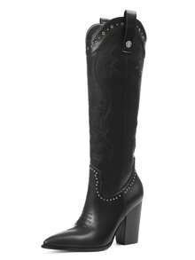 Vintage Retro Women Western Boots Rivet Embroidery Chunky High Heel Knee High Cowgirl Cowboy Ridding Shoes - màu đen - Xem 2