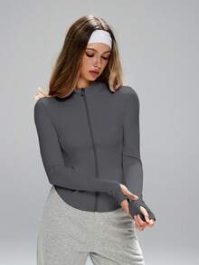 FWH Veste de sport à manches longues pour femmes, de style mode, col montant, pour le running, le yoga, l'exercice et le style casual. Tissu confortable et extensible, avec une taille affinée visuellement. Polyvalente et jeune, offrant une protection solaire.