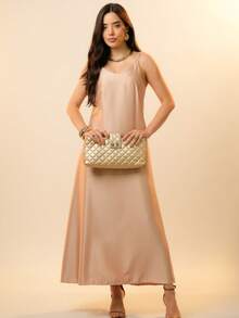 Italian Style Boat Neck Sleeveless Fitted Dress For Women - Beige - View 2