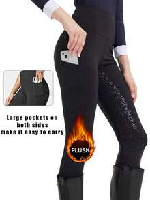 Women's High Waist Thermal-Lined Equestrian Pants, Quality Thermal Fabric With Good Warmth, High Waist Design With Pockets, Thermal-Lined Warm And Durable Breathable Soft Fabric, Suitable For Horseback Riding - Black - View 3
