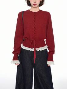 Alicedudu Damen Kontrast-Farbige Rüschen-Saum Rundhals Strickjacke, Herbst/Winter - Rot - Übersicht 4