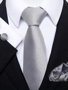 1 set Corbata de unicolor plateada para hombre, pañuelo, juego de gemelos, corbata de 8 cm adecuada para festivales, bodas, trabajo, regalo de graduación - Plateado - Ver 3