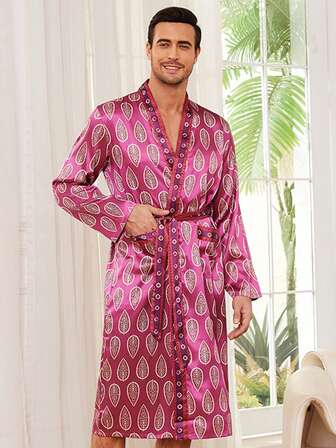 New Men's Robe, Long Sleeve Faux Silk Bathrobe, Lightweight Sleepwear Loungewear, Breathable & Comfortable, Winter