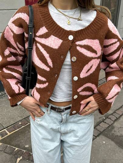 Cardigan ample et décontracté pour femmes, imprimé floral rétro élégant, manches longues, col rond, boutonnage, polyvalent pour le travail et le port quotidien, automne/hiver