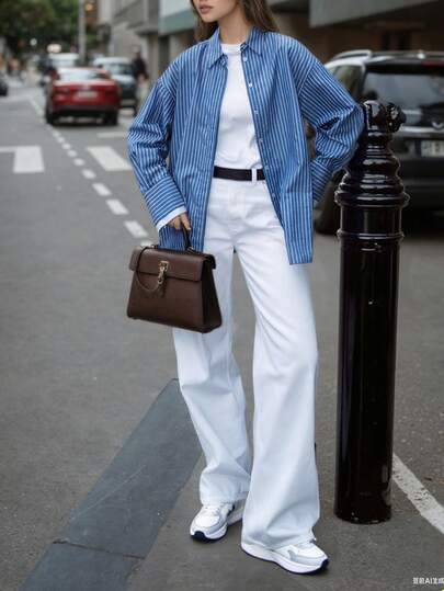 قميص نسائي بأكمام طويلة مخطط، ملابس كاجوال للتنقل في فصل الخريف